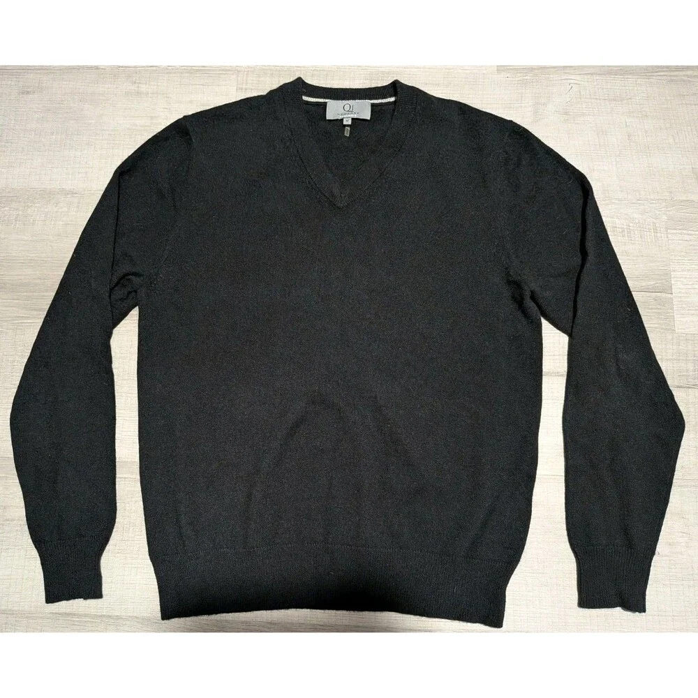 QI New York Cashmere Men's Black Solid V-Neck Pullover Sweater Sz Medium